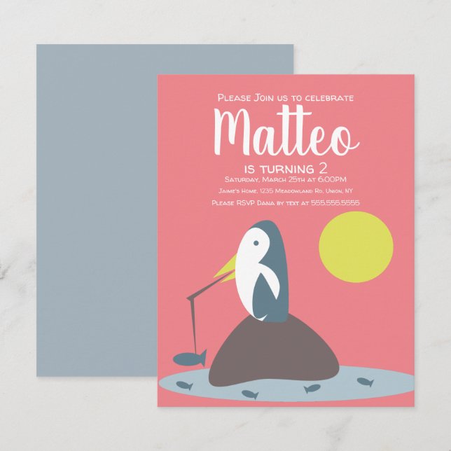 Modern Penguin Fishing Nautical Girls Birthday Invitation (Front/Back)