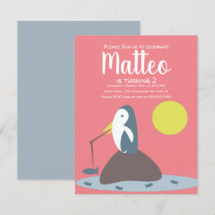 Modern Penguin Fishing Nautical Girls Birthday Invitation