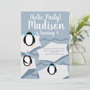 Modern Penguin Ice Winter Birthday Invitation