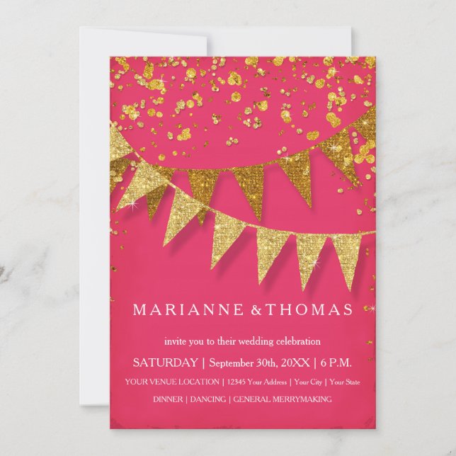 Modern Pennant Banner GoldGlitter Confetti Pink Invitation (Front)