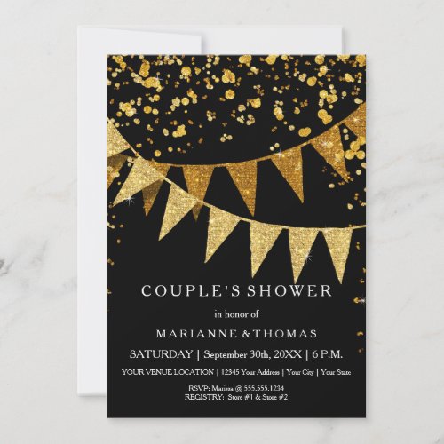 Modern Pennant Banner w Glitter Falling Confetti Invitation