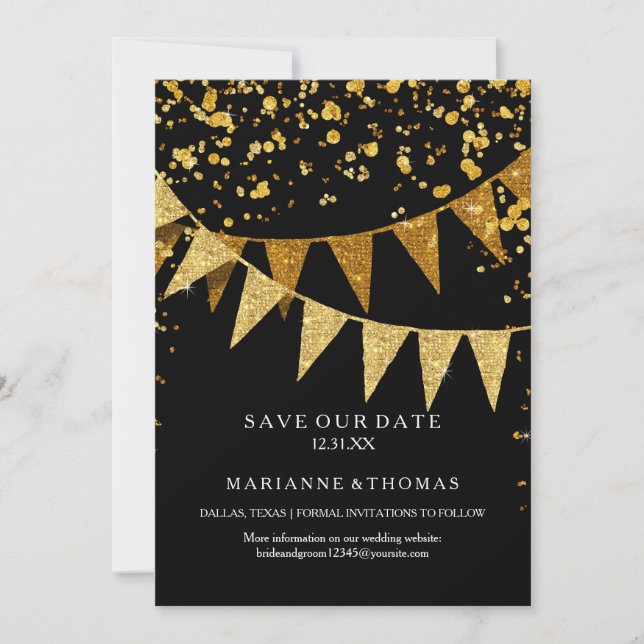 Modern Pennant Banner w Glitter Falling Confetti Save The Date (Front)