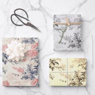 Modern Peoney Floral Blue Toile de Jouy Pattern Wrapping Paper Sheets