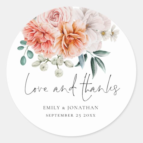 Modern Peonies Peach Coral Love Thanks Wedding Classic Round Sticker