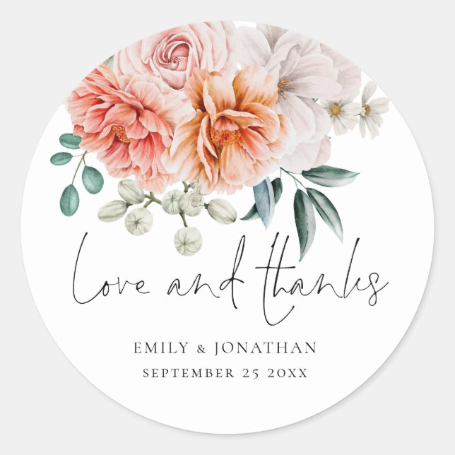 Modern Peonies Peach Coral Love Thanks Wedding Classic Round Sticker (Front)