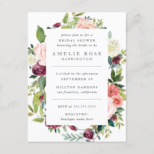 Modern Peonies  Roses Wreath Bridal Shower Invitation Postcard