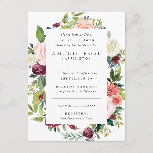 Modern Peonies & Roses Wreath Bridal Shower Invitation Postcard (Front)