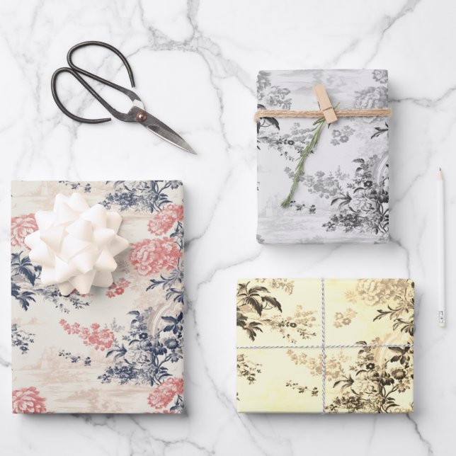 Modern Peony Floral Blue Toile de Jouy Pattern Wrapping Paper Sheets (Front)