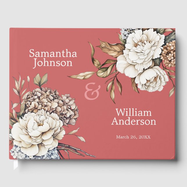 Modern Peony & Hydrangea Coral Pink Wedding Guest Book (Front)