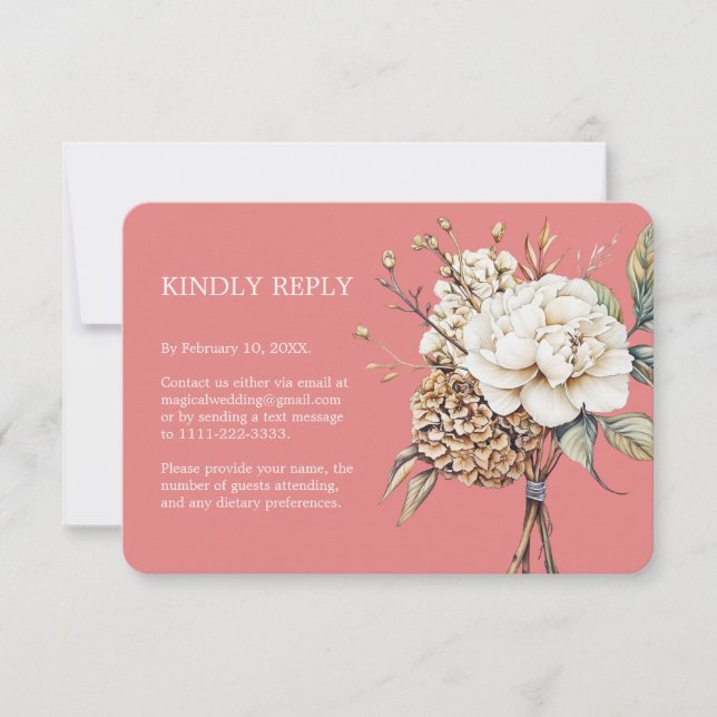 Modern Peony & Hydrangea Coral Pink Wedding RSVP Card (Front)