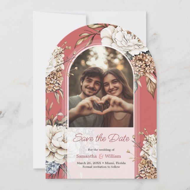 Modern Peony & Hydrangea Coral Pink Wedding Save The Date (Front)