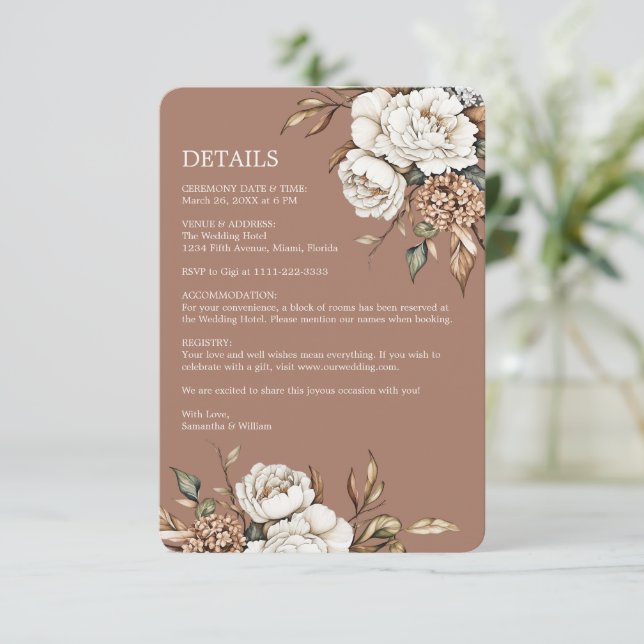 Modern Peony & Hydrangea Mocha Mousse Wedding Enclosure Card (Standing Front)
