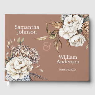 Modern Peony & Hydrangea Mocha Mousse Wedding Guest Book