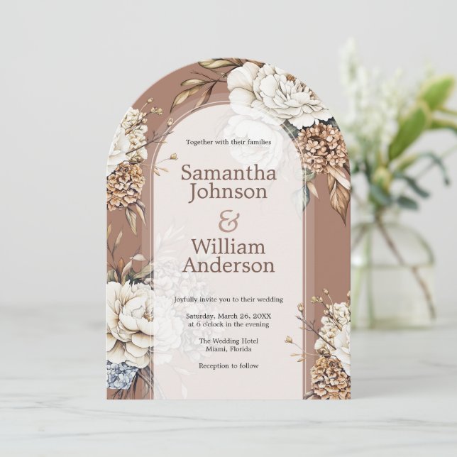 Modern Peony & Hydrangea Mocha Mousse Wedding Invitation (Standing Front)