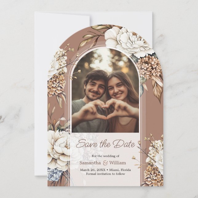 Modern Peony & Hydrangea Mocha Mousse Wedding Save The Date (Front)