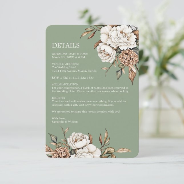 Modern Peony & Hydrangea Olive Green Wedding Enclosure Card (Standing Front)