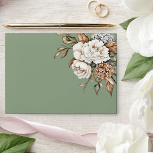 Modern Peony & Hydrangea Olive Green Wedding Envelope