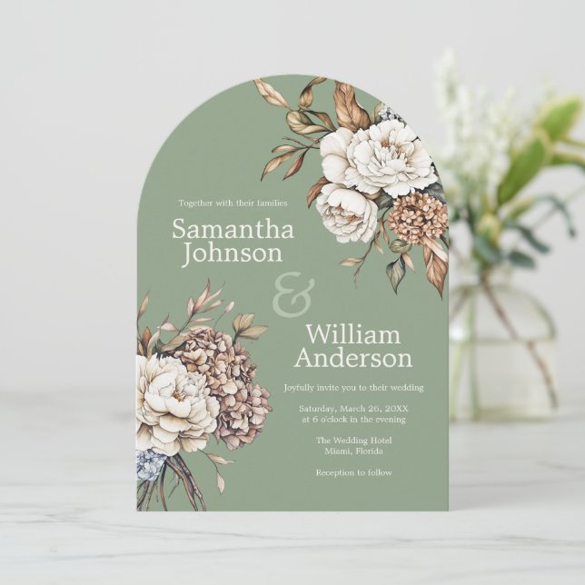 Modern Peony & Hydrangea Olive Green Wedding Invitation (Standing Front)