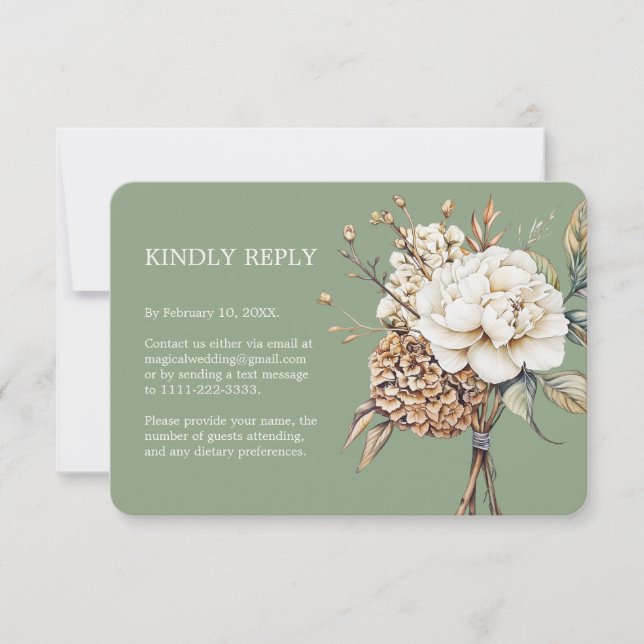 Modern Peony & Hydrangea Olive Green Wedding RSVP Card (Front)