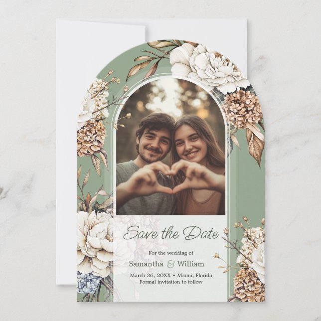 Modern Peony & Hydrangea Olive Green Wedding Save The Date (Front)