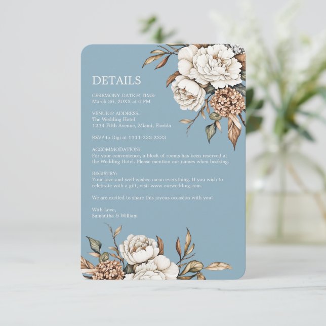 Modern Peony & Hydrangea Powder Blue Wedding Enclosure Card (Standing Front)