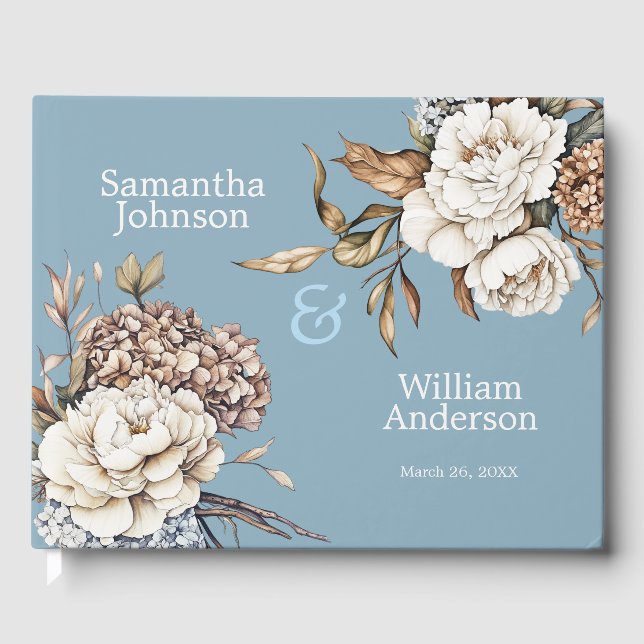 Modern Peony & Hydrangea Powder Blue Wedding Guest Book (Front)