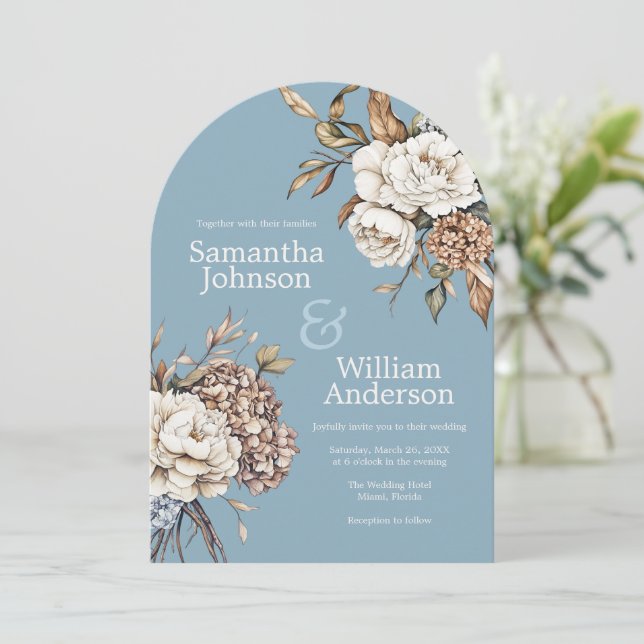 Modern Peony & Hydrangea Powder Blue Wedding Invitation (Standing Front)