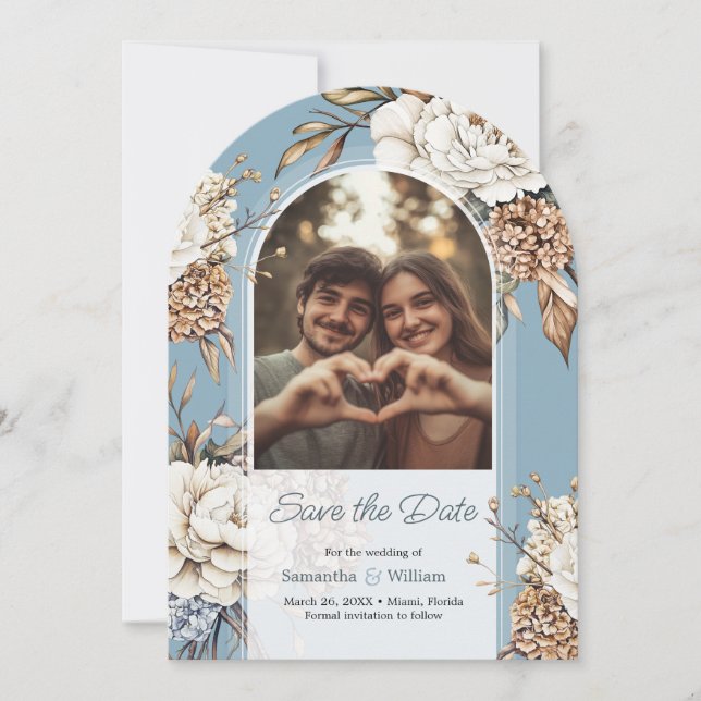 Modern Peony & Hydrangea Powder Blue Wedding Save The Date (Front)