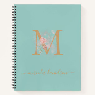 Modern Peppermint Green Floral Gold Monogrammed Notebook