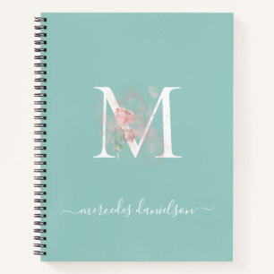 Modern Peppermint Green Pink Floral Monogrammed Notebook