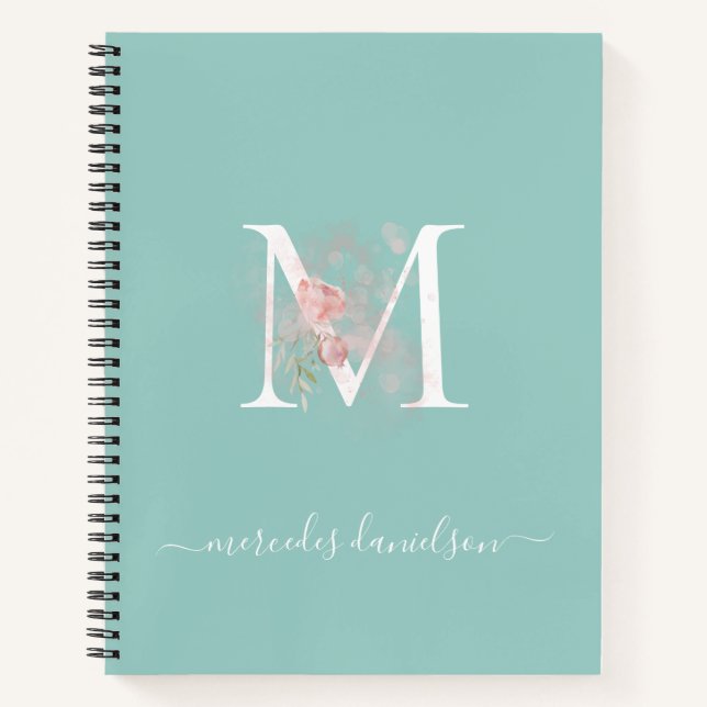 Modern Peppermint Green Pink Floral Monogrammed Notebook (Front)