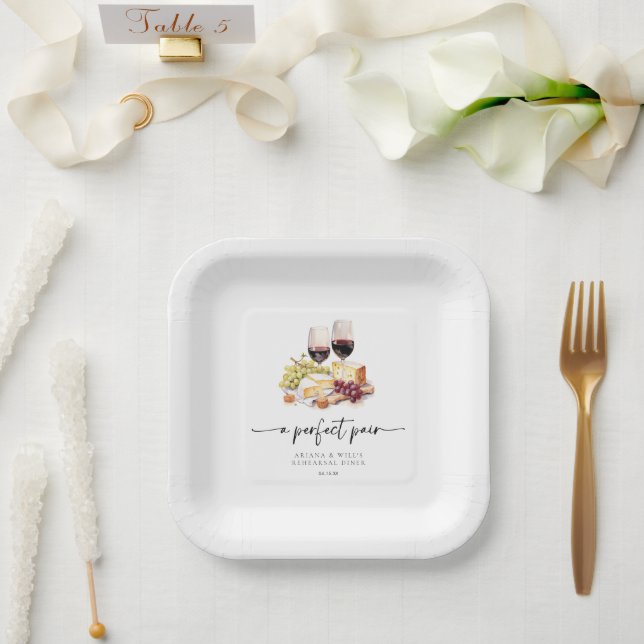 Modern Perfect Pair Watercolor Wine & Cheese  Paper Plates (Wedding)