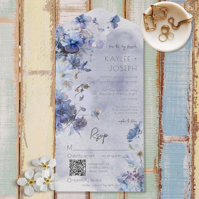 Modern Periwinkle Blue Wildflowers QR Code All In One Invitation (Creator Uploaded)
