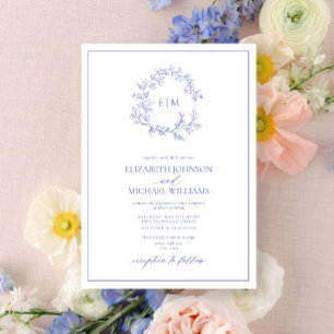 Modern Periwinkle Leafy Crest Monogram Wedding Invitation