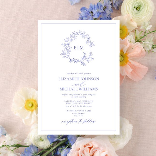 Modern Periwinkle Leafy Crest Monogram Wedding Invitation (Creator Uploaded)