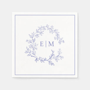 Modern Periwinkle Leafy Crest Monogram Wedding Napkins
