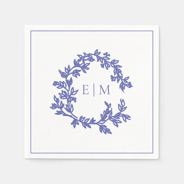 Modern Periwinkle Leafy Crest Monogram Wedding Napkins (Front)