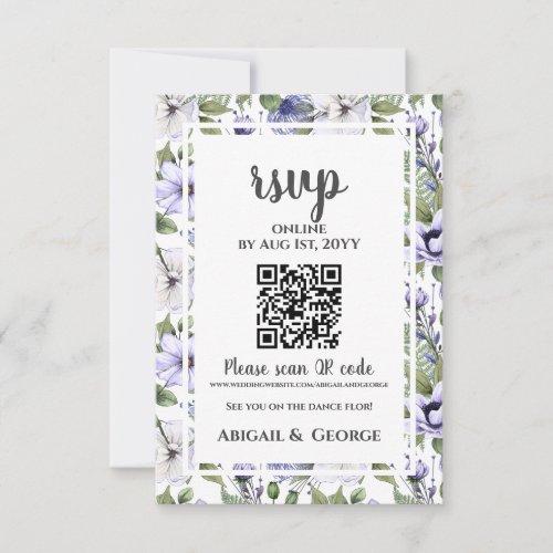 Modern Periwinkle White Floral Wedding QR Code RSVP Card