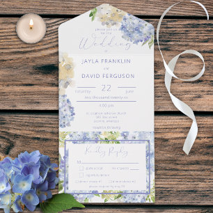 Modern Periwinkle & White Hydrangeas Dinner All In One Invitation