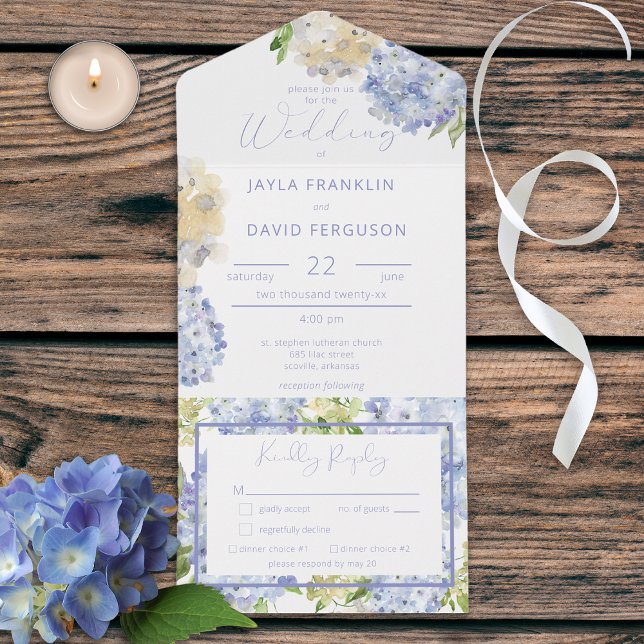 Modern Periwinkle & White Hydrangeas Dinner All In One Invitation (Creator Uploaded)