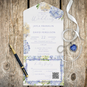 Modern Periwinkle & White Hydrangeas QR Code All In One Invitation