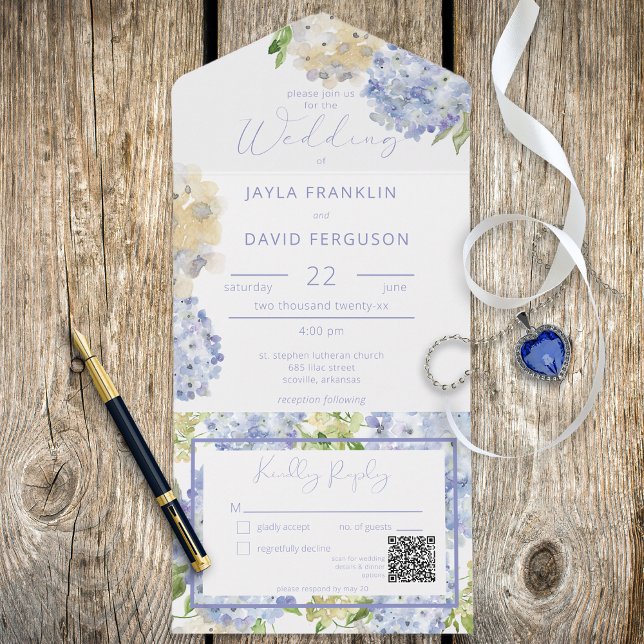 Modern Periwinkle & White Hydrangeas QR Code All In One Invitation (Creator Uploaded)