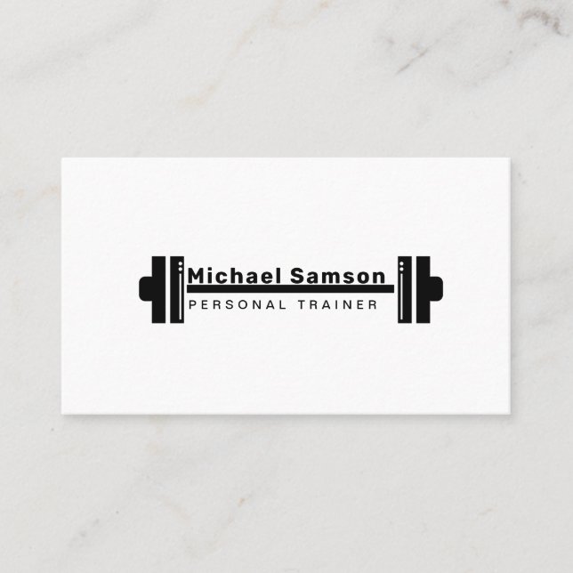 Modern Personal Trainer Black White Weights Business Card (Front)