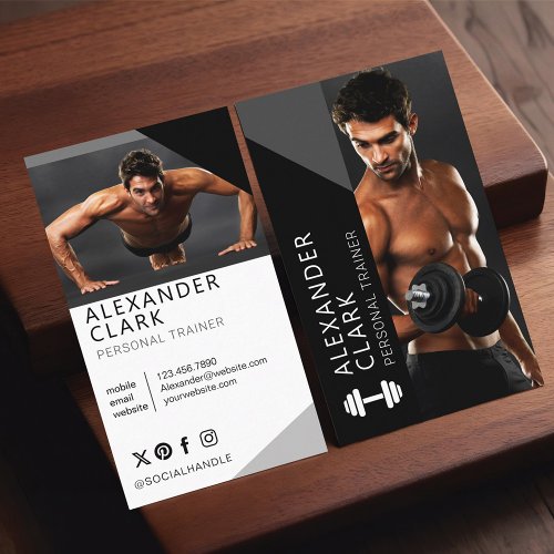 Modern Personal Trainer Fitness Photo Dumbbell Business Card