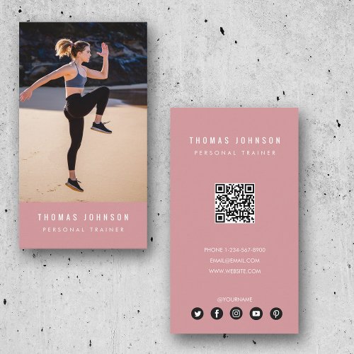Modern Personal Trainer Fitness Photo QR Code Pink Business Card