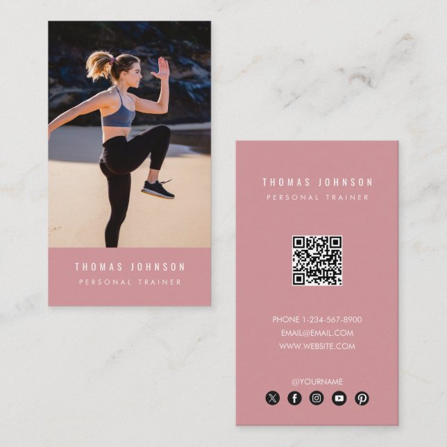 Modern Personal Trainer Fitness Photo QR Code Pink Business Card (Front/Back)
