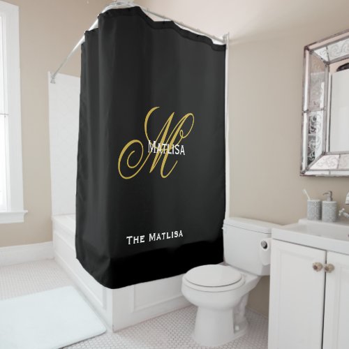 Modern Personalised Black  Gold Monogram Script  Shower Curtain