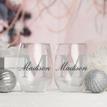Modern Personalised Blue Monogram Stemless Wine Glass<br><div class="desc">Elevate any celebration with our Modern Personalized Black Pink Monogram Stemless Wine Glass. This chic and versatile glass is adorned with a sleek gold and black monogram, making it the perfect gift for wedding parties, bridesmaids, and birthdays . Customize with a name for an extra touch of sophistication. Durable and...</div>