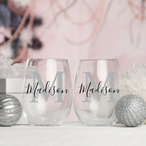 Modern Personalised Blue Monogram Stemless Wine Glass