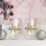 Modern Personalised Gold Black Monogram Stemless Wine Glass<br><div class="desc">Elevate any celebration with our Modern Personalized Gold Black Monogram Stemless Wine Glass. This chic and versatile glass is adorned with a sleek gold and black monogram, making it the perfect gift for wedding parties, bridesmaids, and birthdays . Customize with a name for an extra touch of sophistication. Durable and...</div>